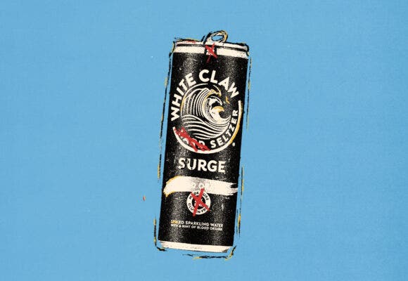 White claw surge with the alcohol content crossed out