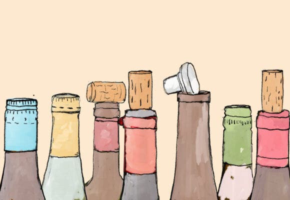 An illustration of bottles of open wine bottles