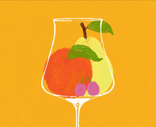 An illustration of different types of fruit in a wine glass