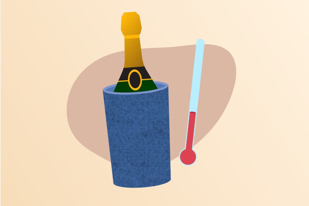 Illustration of a champagne bottle next to a thermometer