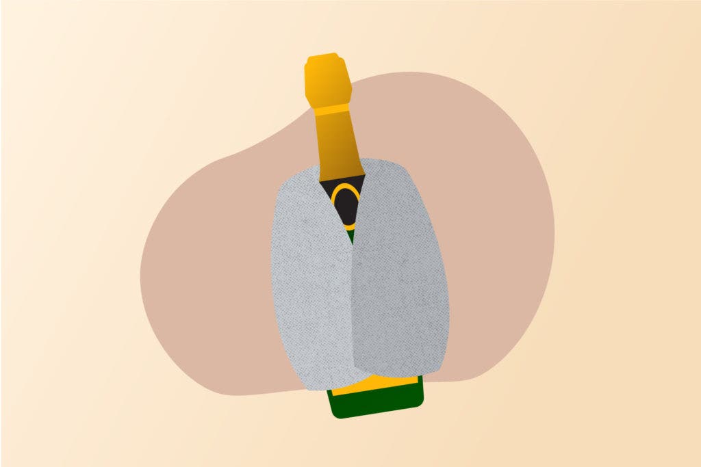 An illustration of a champagne bottle wrapped with a towel