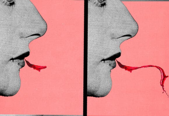 two frames of an illustration of a woman spitting wine