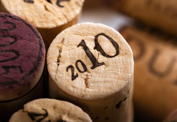 Wine Cork Close-Up. The Vintage 2010 is printed on it. Selective Focus.