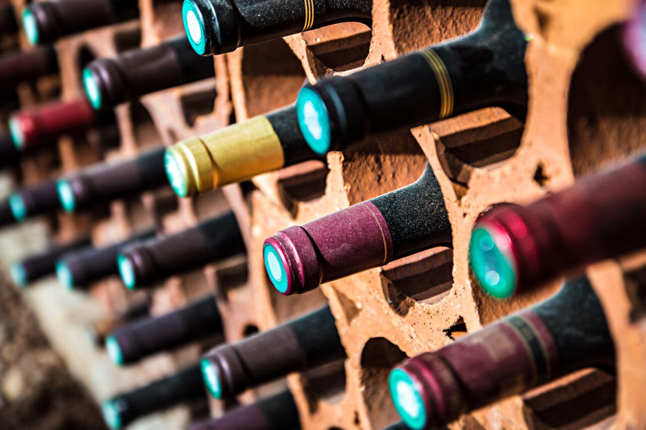 Dusty bottles in a wine cellar