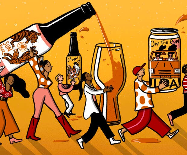Illustration for the Wine Enthusiast Podcast Episode 98 on Why IPAs are Unstoppable, featuring animated people holding various beer glasses and bottles with one being poured from bottle to glass in the foreground.